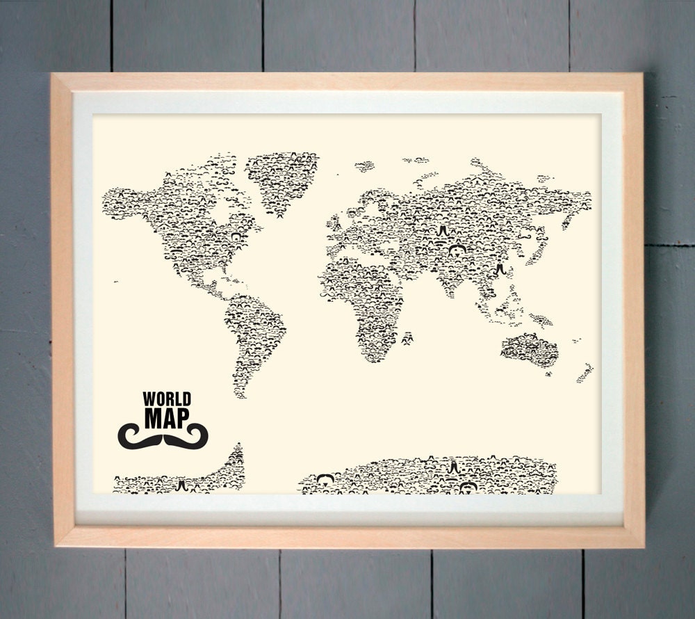 Moustache World Map (made with various Moustache)  (various sizes available -  11x14 - 20x30 inches) (Three editions available - You pick)