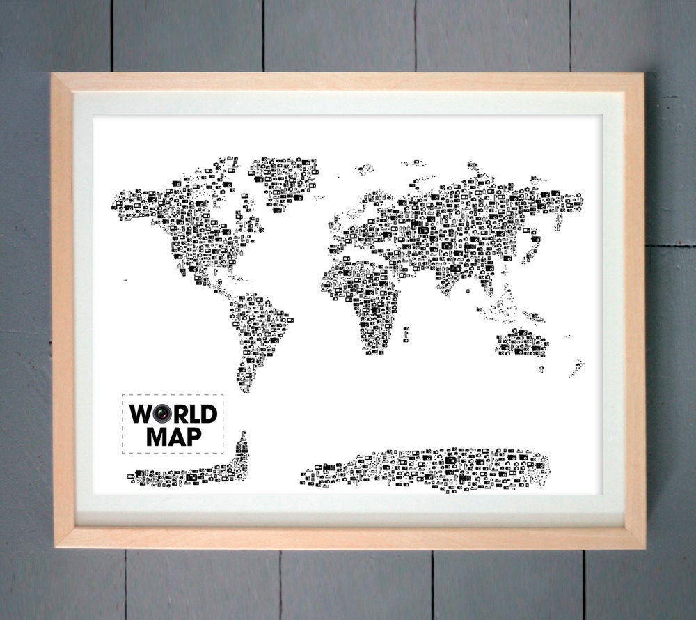 Camera World Map ART PRINT (made with Cameras) (various sizes available -  11x14 - 20x30 inches)