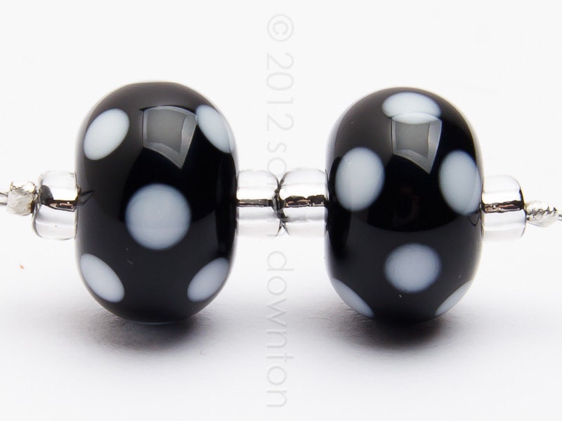 Black and White Polka Dot pair - Handmade Lampwork Glass Beads by Sarah Downton
