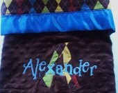 Argyle and Minky Baby Blanket with Embroidery and Satin Trim