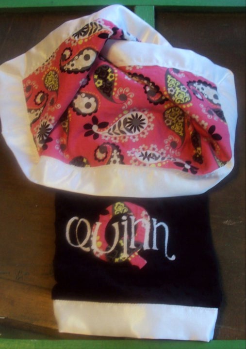Minky Baby Blanket in Black and Hot Pink Paisley with Monogrammed Name and Satin Trim