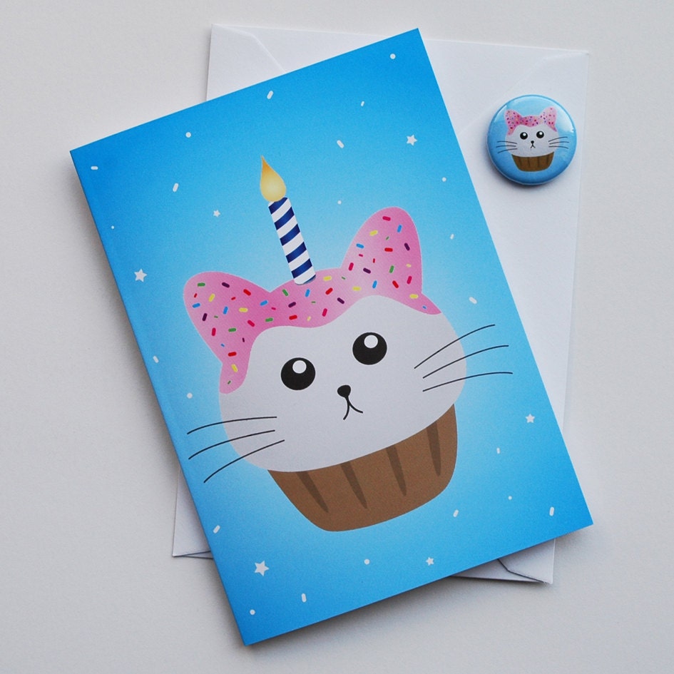 Cat Birthday Card, fat kitty cat cupcake blue white and pink birthday card with badge