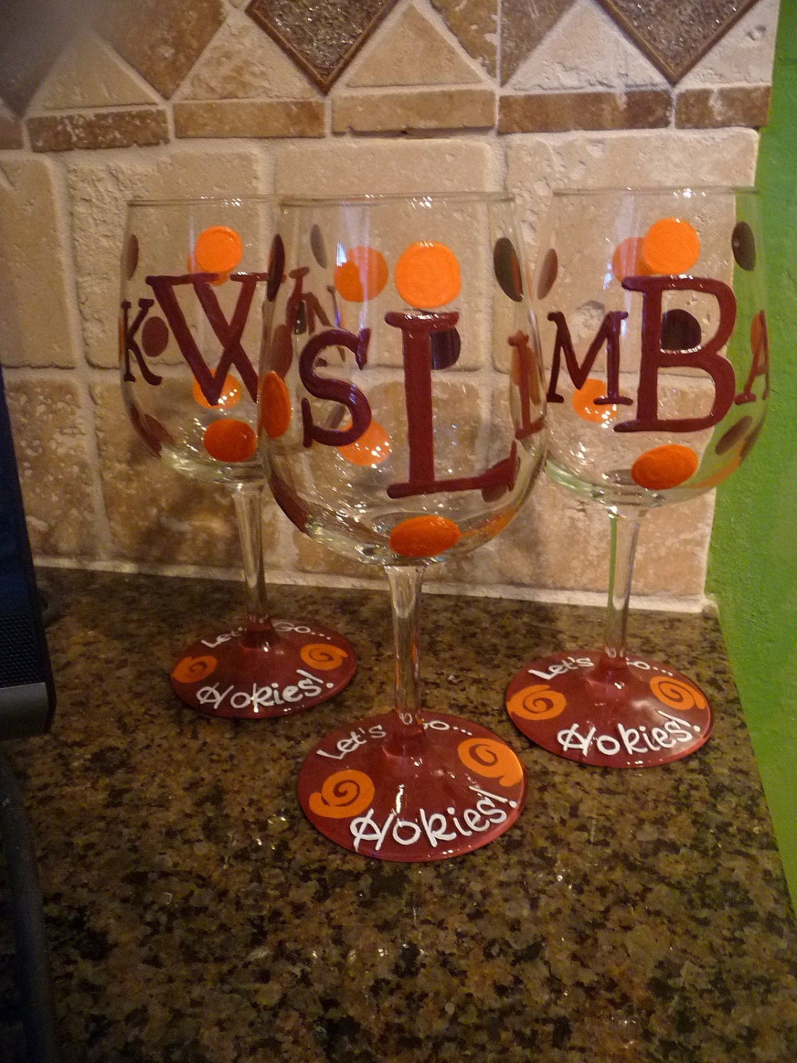 Handpainted, Monogrammed "Let's Go Hokies" Wine Glasses