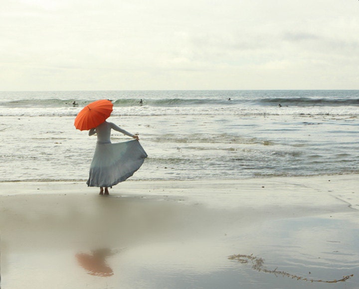 Beach Ocean Art Photograph Girl with Umbrella Photo Midcentury Red Parasol 11x14