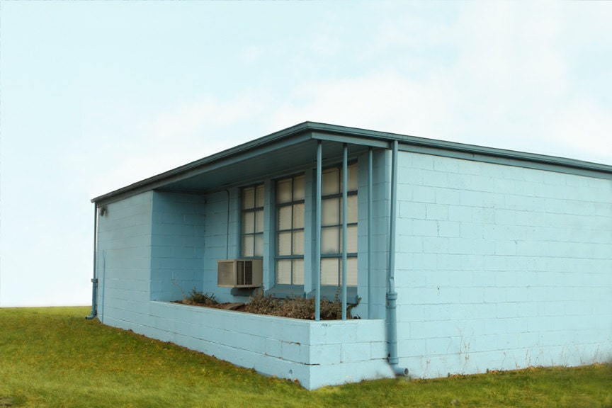 Mid Century Architectural Photograph of Blue Cinder Block Building  8x 12 - lucysnowephotography