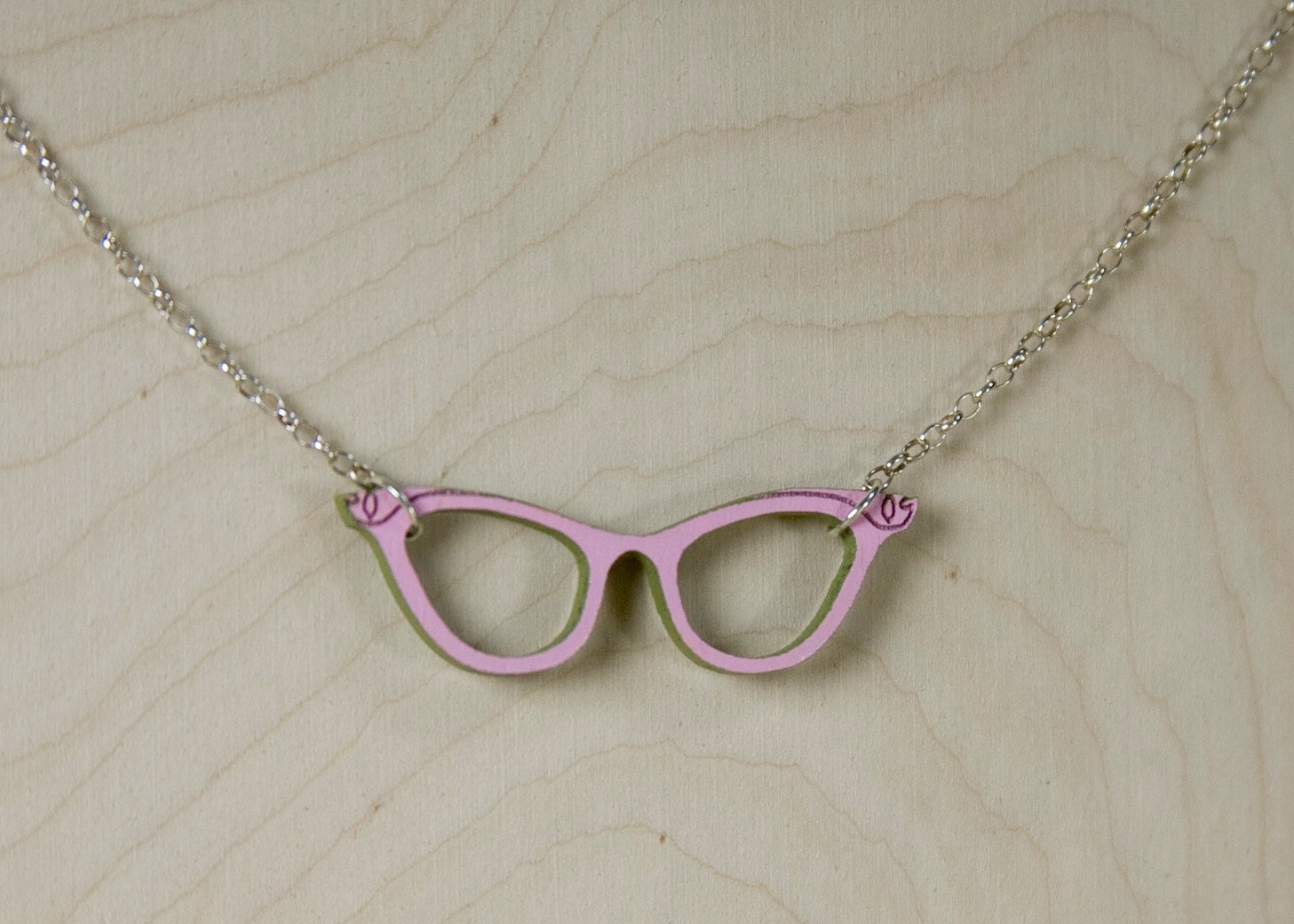 Neogranny Specs Necklace- Wood Cat Eye Glasses w/ Sterling Silver Chain