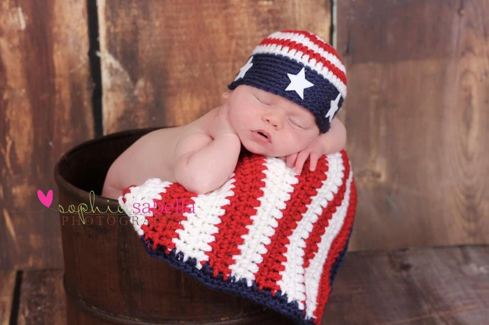 American Flag Set Hat and Blanket Crochet Baby Newborn Photography Prop