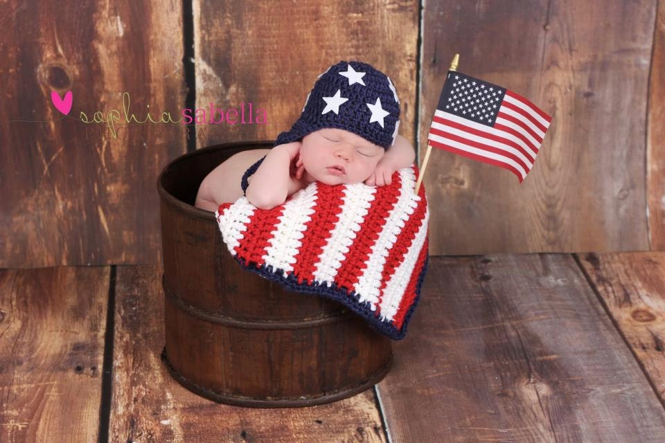 American Flag Set Hat and Blanket Crochet Baby Newborn Photography Prop