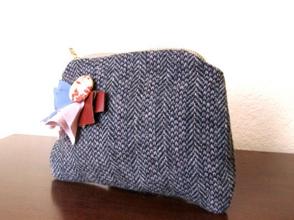 Flower Blue Tweed Clutch - Recycled Fabric