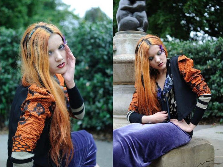 CLOSING DOWN SALE Hand Made recycLed puff SLeeve prinTed Orange and bLack cropped Dress jacket Unusual Avant garde