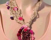Sale - CLASSY RUSTIC NECKLACE - Wearable Fiber Art Jewelry, Freeform Crocheted, Pure Italian Linen, Real Amethyst Pieces