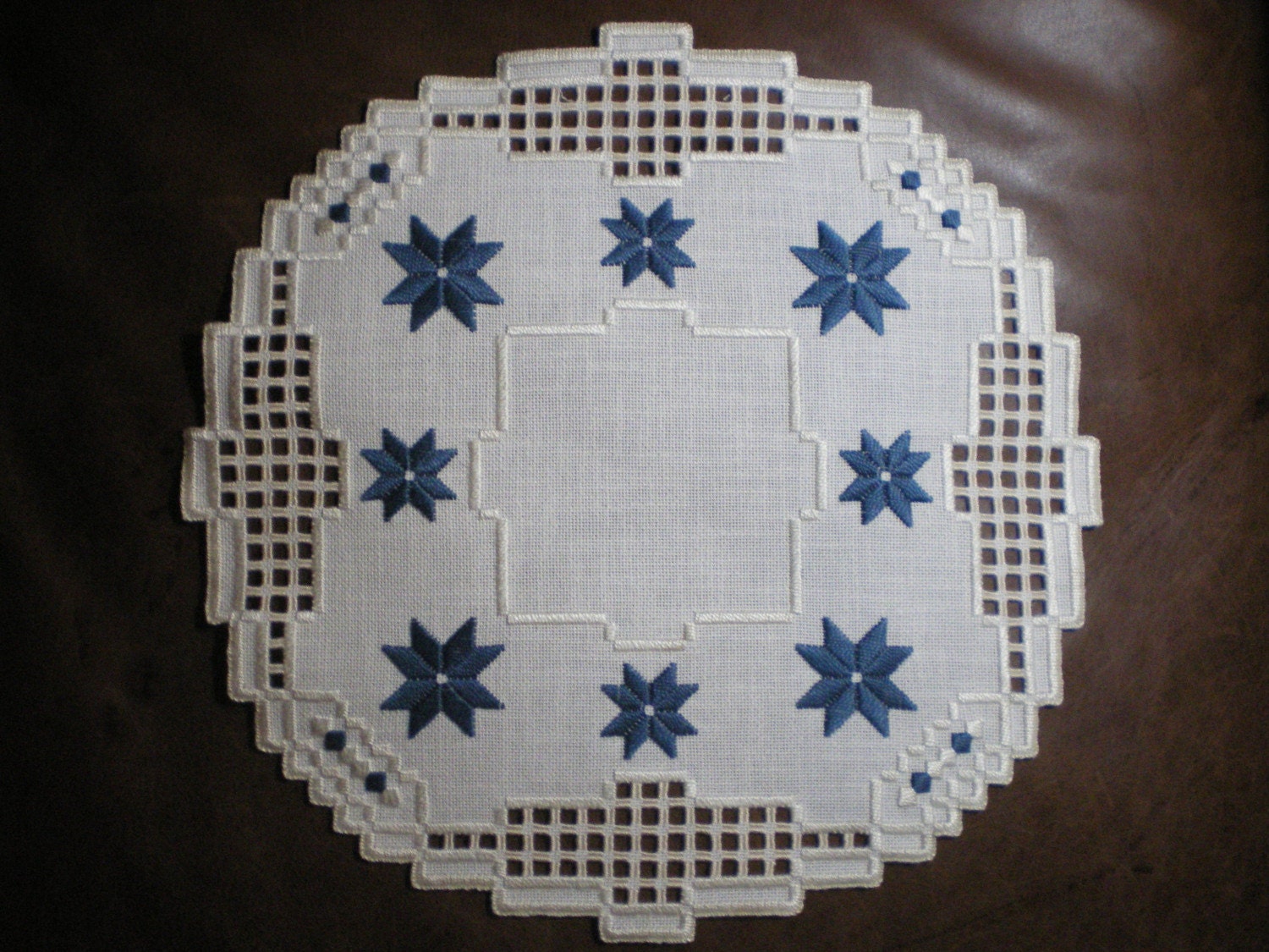 Round Hardanger Centerpiece Doily with Stars