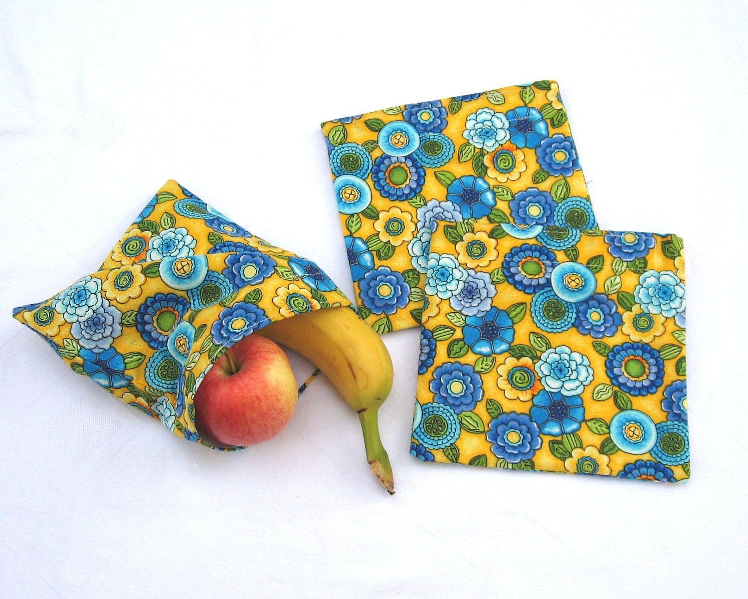 3 Reusable Sandwich/Snack Bags - Blue/Yellow Flowers