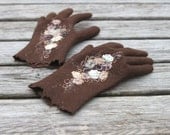 Nutty brown felted gloves with silk flowers --- Handmade to order - aureliaLT