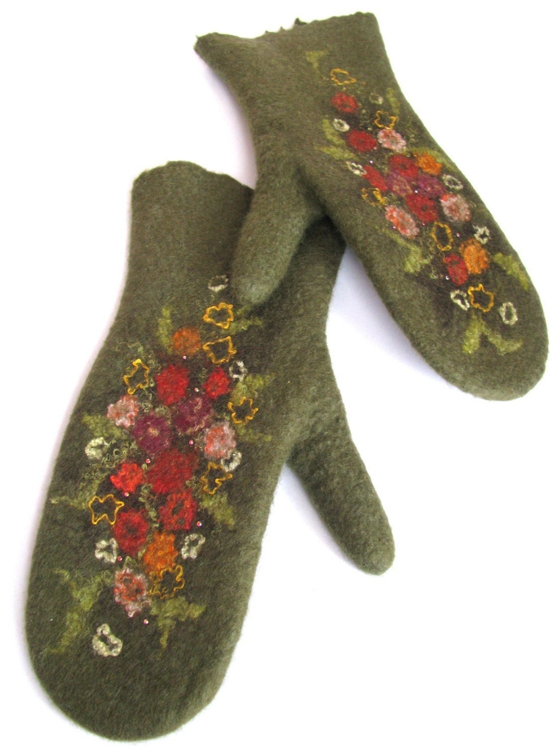 Felted mittens green olive flowered --- Handmade to Order