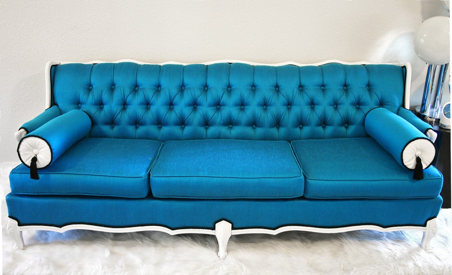 Hollywood Starlet French Baroque Button Tufted Peacock Blue Silk Sofa
