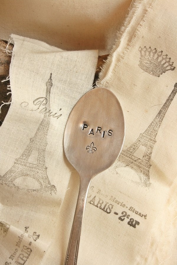 Vintage Paris fleur di lis silverware garden marker sign recycled flatware French flair