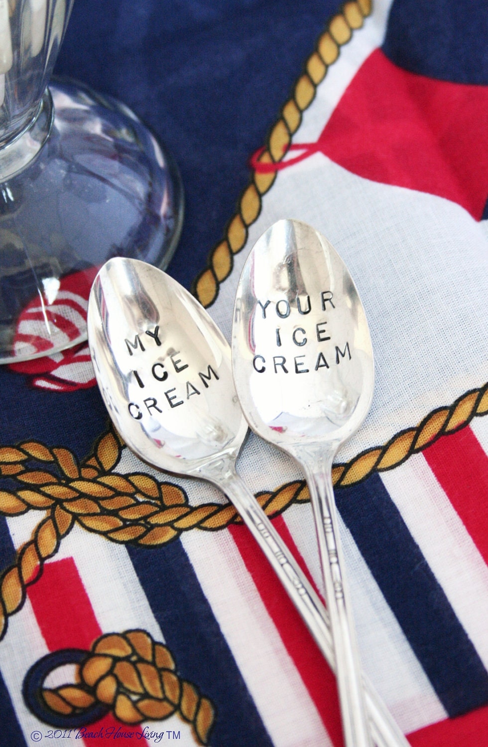 My ice cream and your ice cream sundae spoons set  hand engraved vintage silver plated silverware