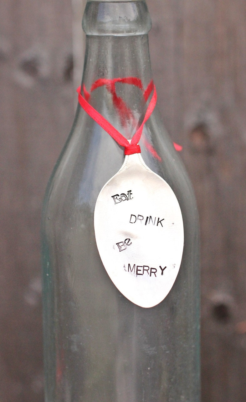 Eat Drink Be Merry Wine Bottle Tag Eat Drink Be Merry Christmas Ornament Vintage Silverware