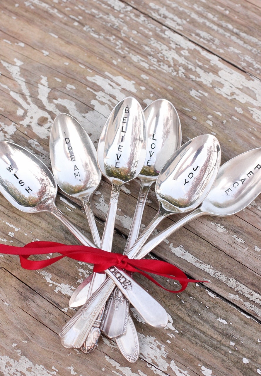 Christmas Spoon Set. 6 Hand Stamped Spoons Inspirational Sayings Believe Dream Joy Love Peace and Wish. Rustic Shabby