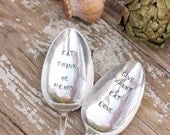 Holiday Spoon Set. Eat Drink Be Merry and Give Thanks Eat Love Hand Stamped Silverware Vintage