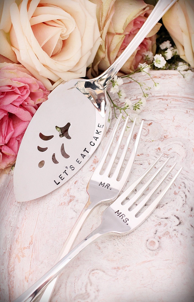 Mr. Mrs. Forks and Cake Server Let's Eat Cake Hand Stamped Silverware Wedding Fleur di lis Pattern New - As seen on Soolip Wedding App