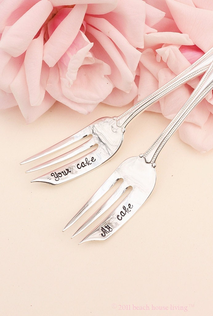 My Cake Your Cake Wedding Forks: Hand Stamped Wedding Silverware