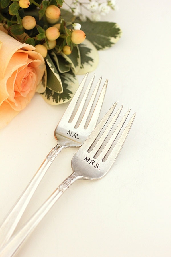 Mr. Mrs. Forks 1938 Danish Princess Hand Stamped Vintage Flatware. Wedding Cake Forks.