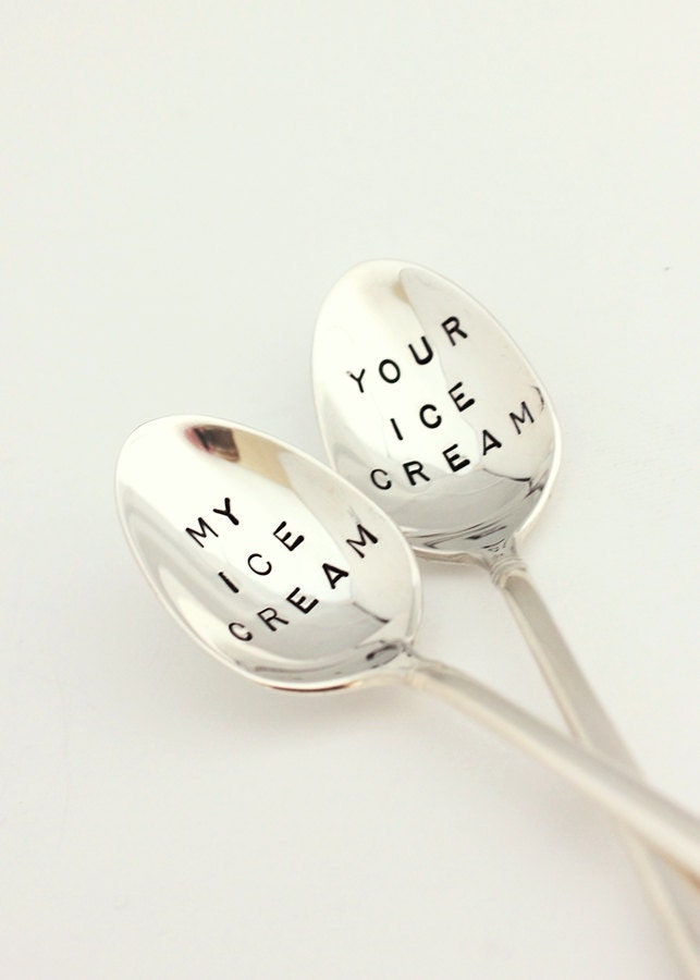 Ice Cream Sundae Spoons Set. Hand Stamped  Silver Plated Ice Cream Spoons Mine and Yours