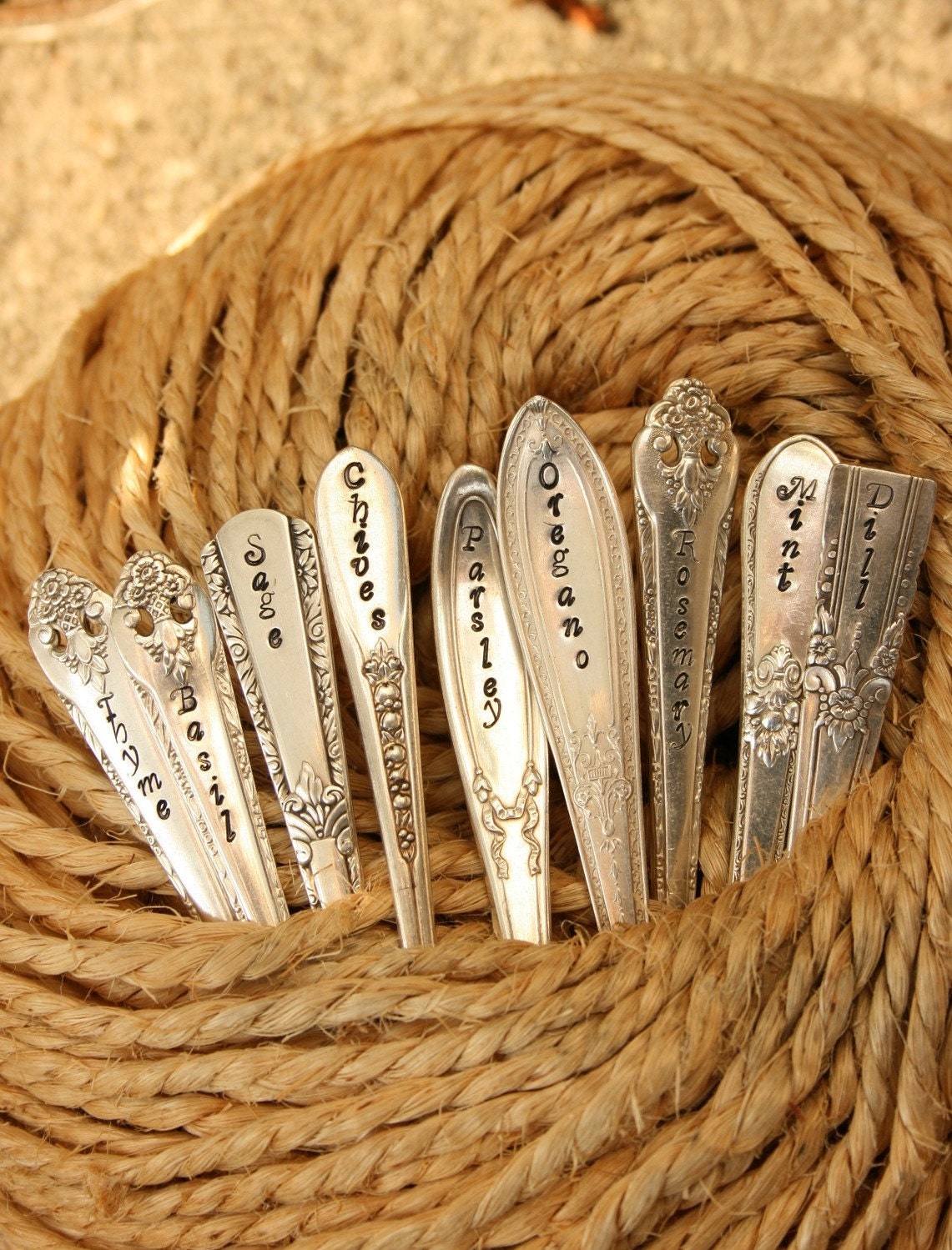 Silverware Garden Stakes Herbs Set of 9 vintage silver plated flatware seedling stakes by beachhouseliving etsy