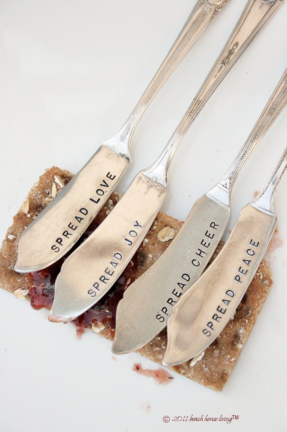 Hand stamped cheese or jam spreaders spread love joy peace cheer recycled vintage silver plated flatware silverware