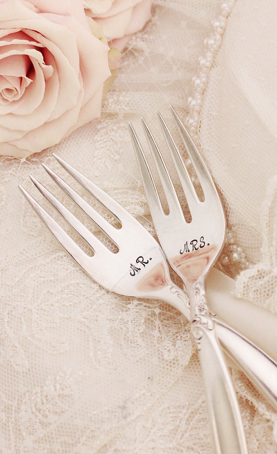 Wedding Forks Mr.  Mrs. forks 1960s Hand Stamped Vintage Silver Plated Wedding Silverware  with storage pouch  Leilani