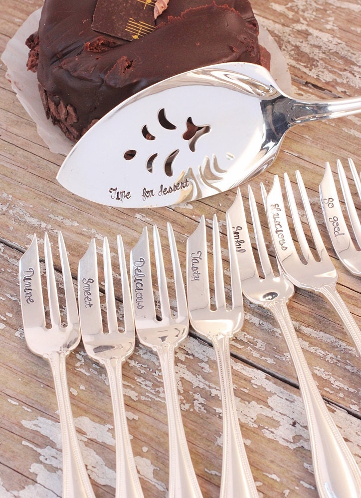 Hostess Set Cake Server and Dessert Forks. 9 piece Hand Stamped Silverware. Time for Dessert