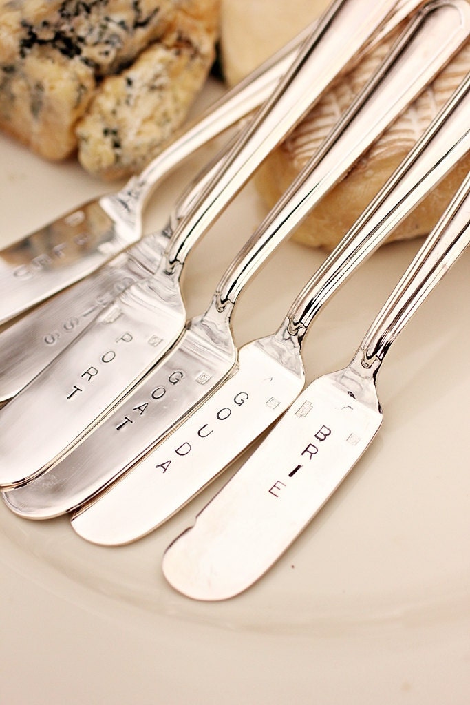 Cheese Markers Set of 6 Euro Style, Hand Stamped Silverware, Silver Plate, Entertaining, Tableware.
