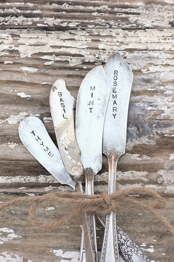 Silverware Herb Garden Markers Rustic Set of 4 with hand stamped muslin bag. OOAK