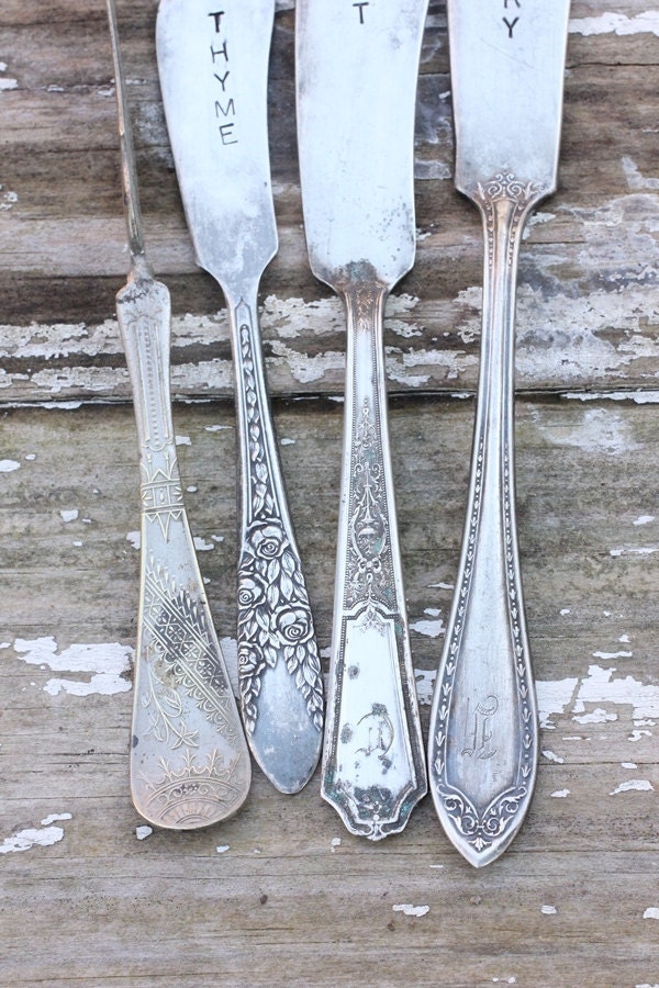 Silverware Herb Garden Markers Rustic Set of 4 with hand stamped muslin bag. OOAK