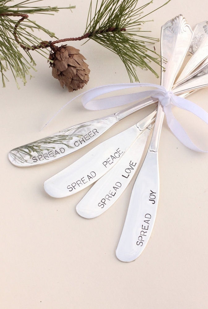 Butter spreaders, jam spreaders Hand stamped silverware Spread cheer joy love peace butter knives New