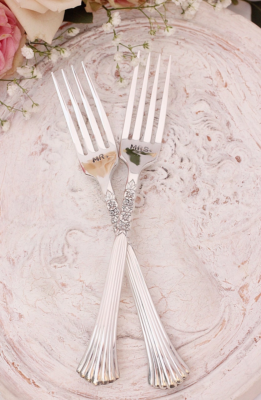 Mr. Mrs. Fork Set Just Married Cake Server Wedding Forks Hand Stamped Silver Plate Floral Fluted Pattern