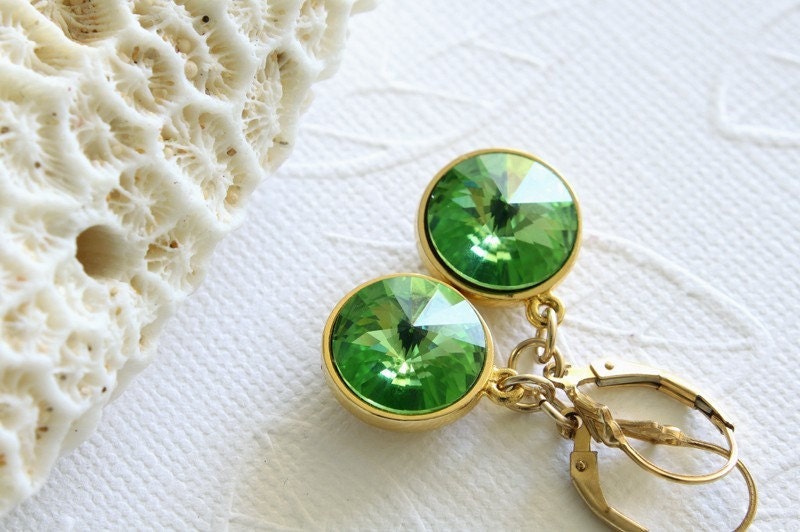 Swarovski Rivoli Peridot Green Crystal Dangle GF Earrings