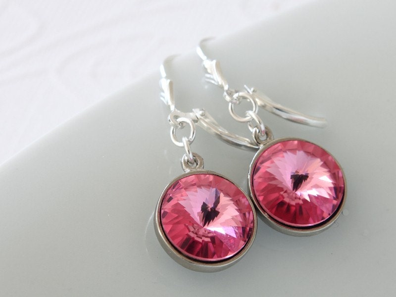 Earrings, Swarovski Rivoli Earrings, Rose Rivoli Crystals, Dangle Earrings, Sterling Silver Leverbacks, Rhodium Plated