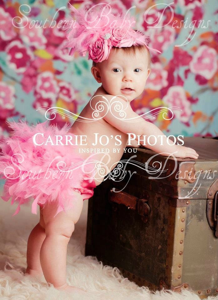 Hot Pink Feather Couture Satin Bloomers & Headband Set Newborn thru 2T perfect for Easter and Spring photos