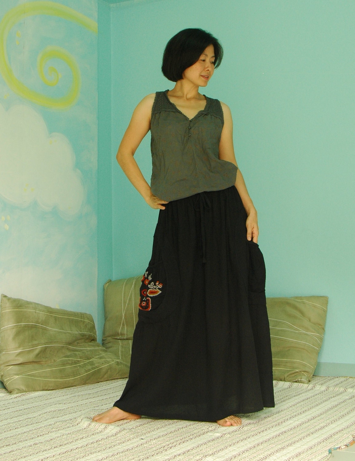 Look At Me Now II...Simply A-Shaped Black Cotton Skirt With Floral Hand Embroidered Detail On Right Pocket