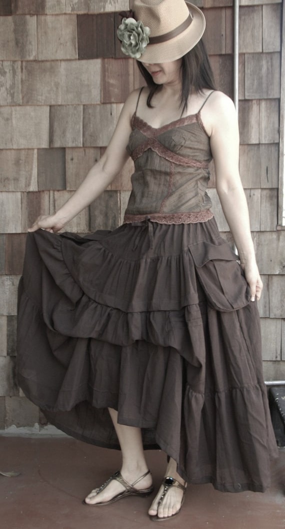 Take Me to Your Heart...Steampunk Short Front/ Long back Tiered Dark Chocolate Brown Skirt With 2 Roomy Pockets