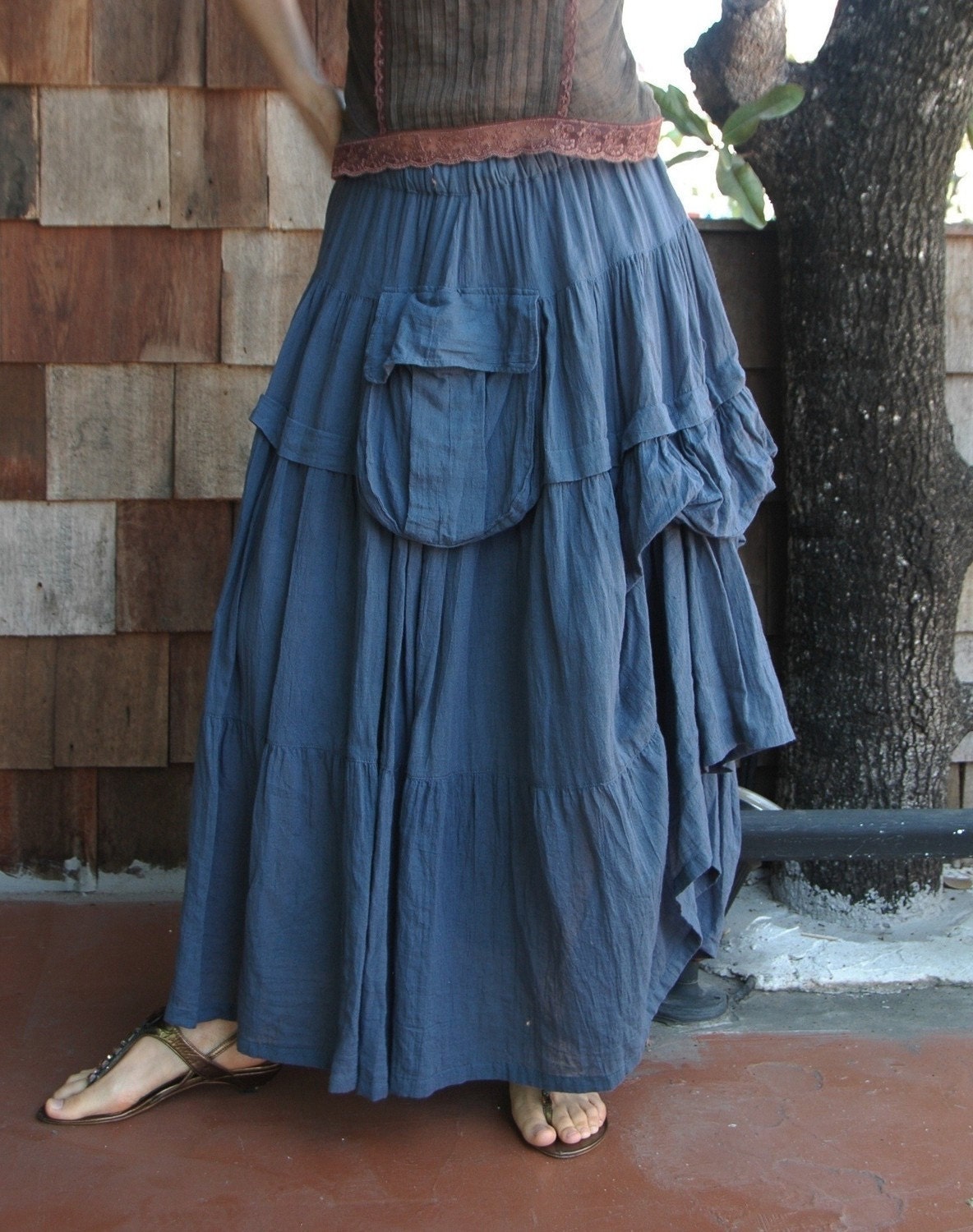 Take Me To Your Heart ... Steampunk Short Front/ Long back Tiered Blue Cotton Skirt With 2 Roomy Pockets
