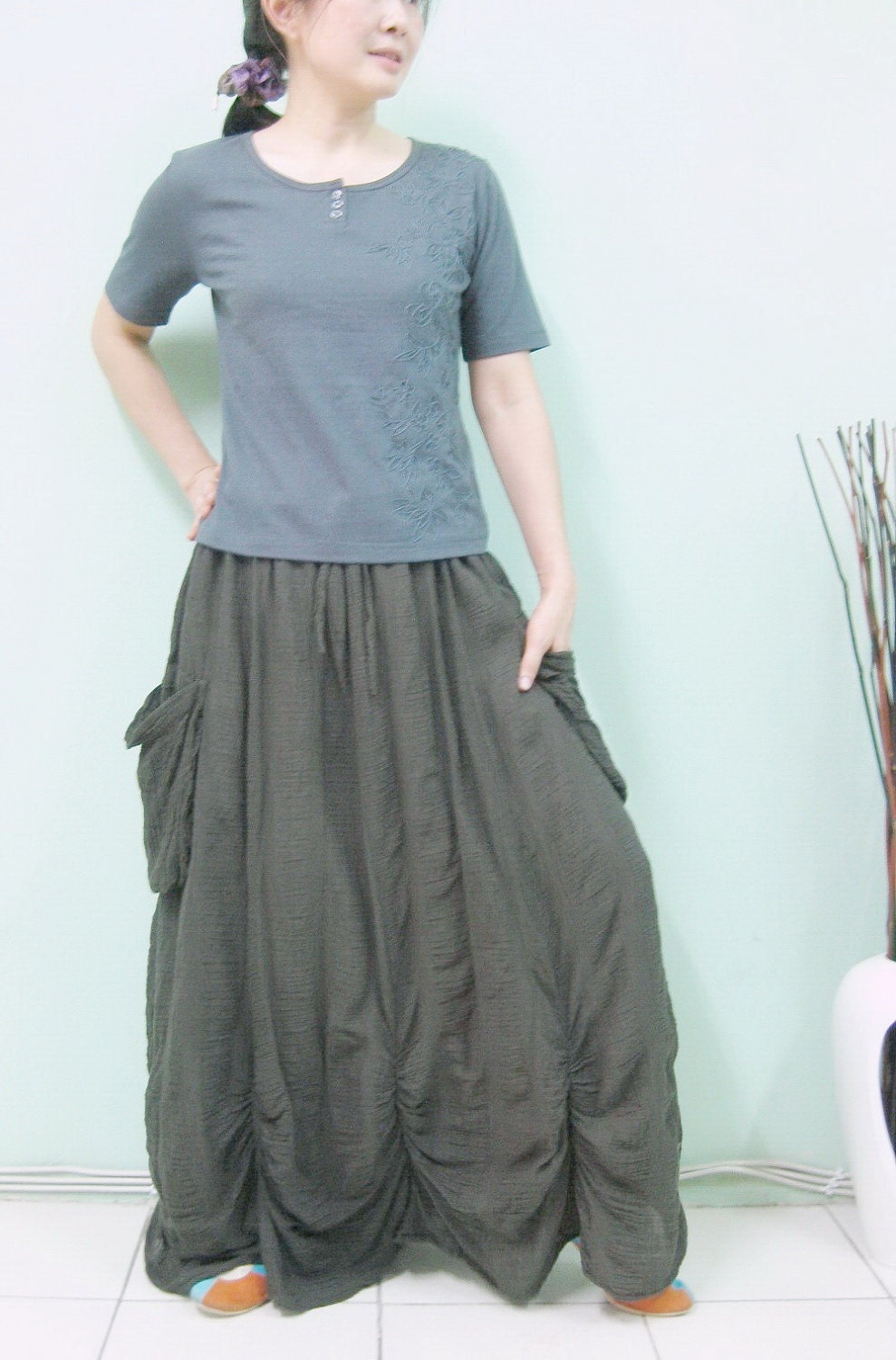 Bring Me To The Moon - Steampunk Maxi Flare Hand Dyed Dark Greenish Charcoal Crinkle Cotton Skirt With Ruching Detail Around Bottom Hem