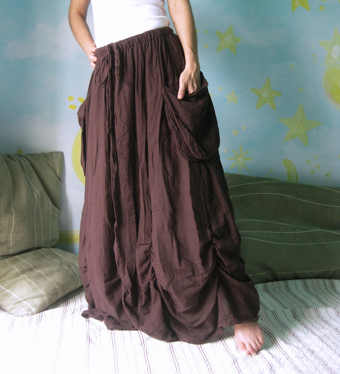 Bring Me To The Moon - Steampunk Maxi Flare Hand Dyed Dark Brown Crinkle Cotton Skirt With Ruching Detail Around Bottom Hem