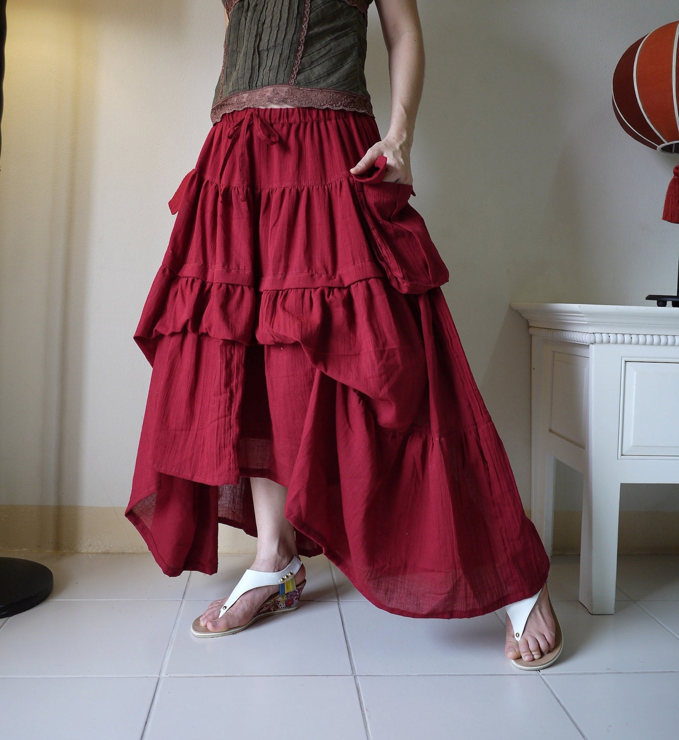 Take Me to Your Heart...Steampunk Short Front/ Long back Tiered Dark Red Light Cotton Skirt With 2 Roomy Pockets