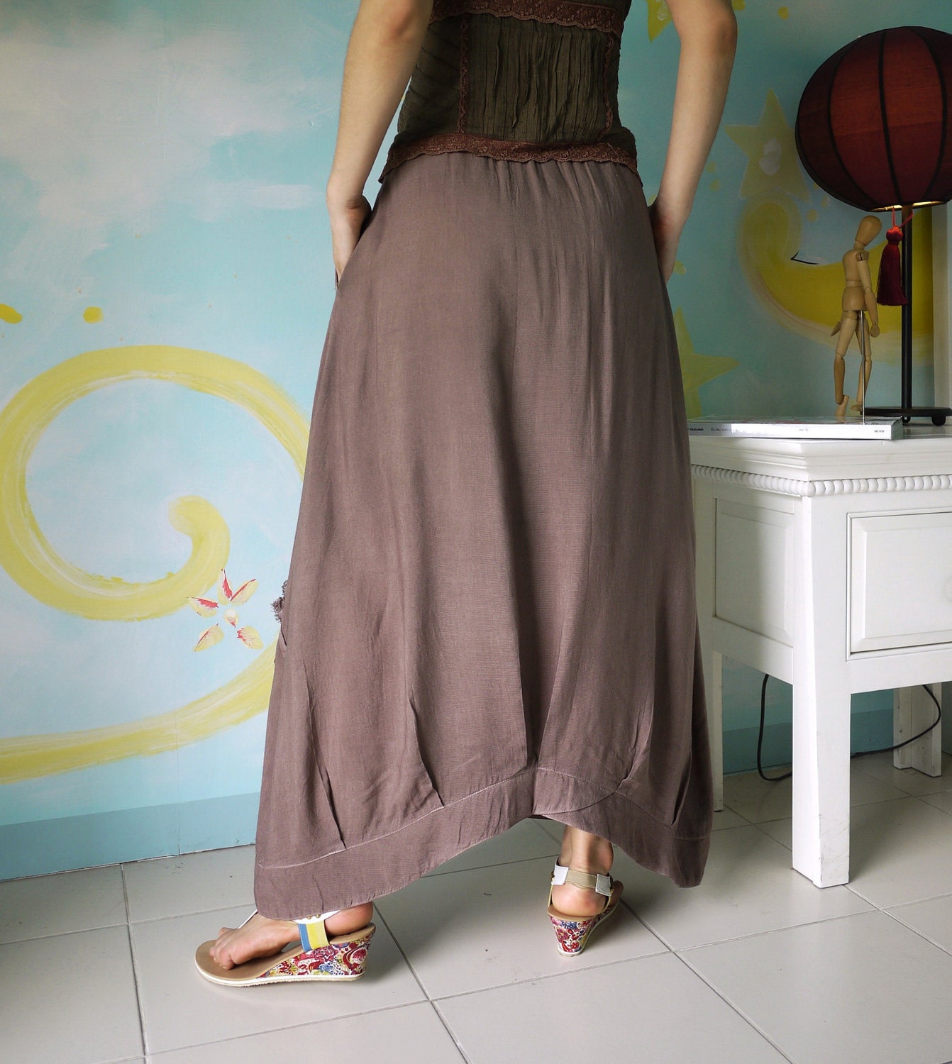 Funky Blossom...Floral Applique Hand Dyed Cocoa Brown Cotton Mix Viscose Skirt