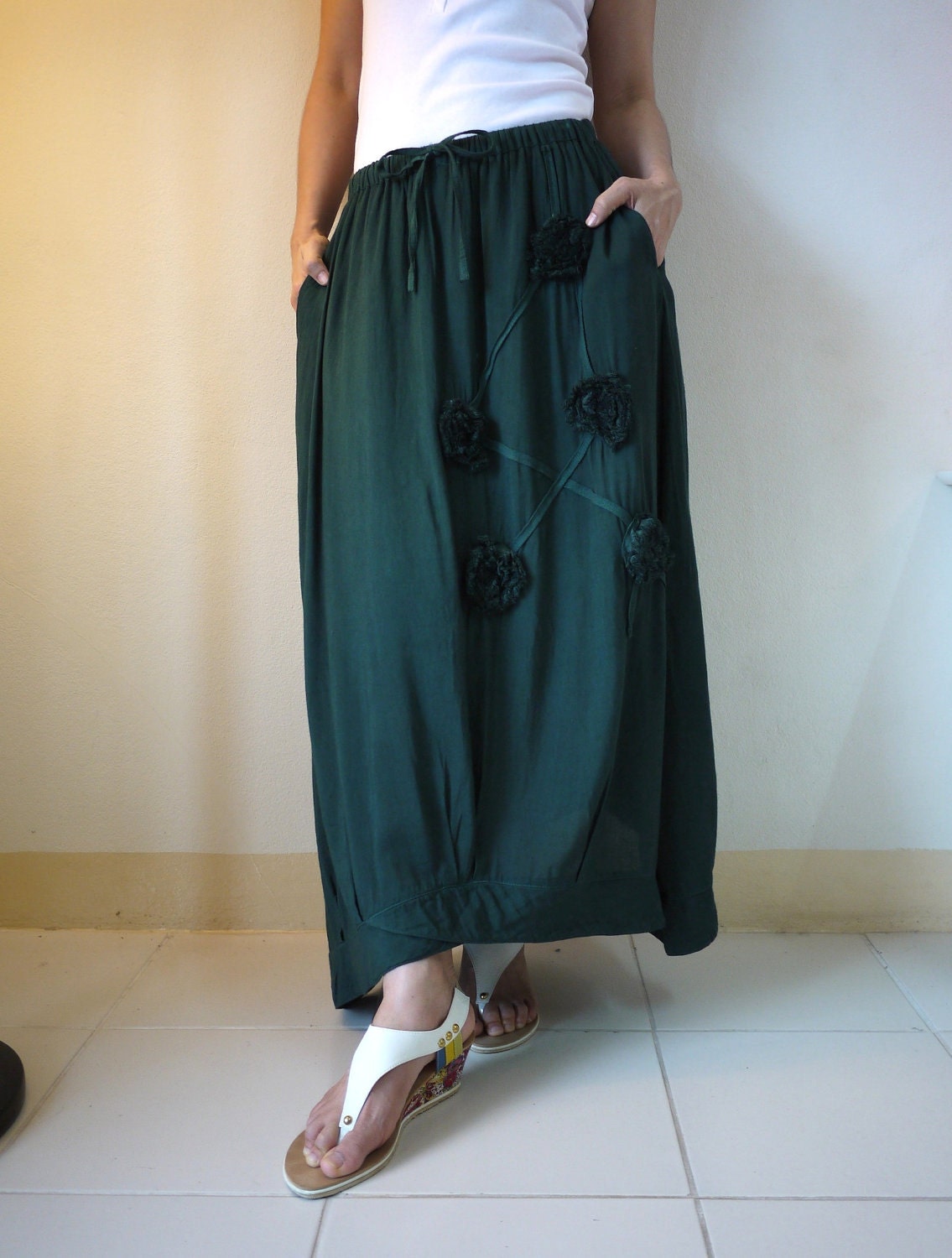 Funky Blossom...Floral Applique Hand Dyed Dark Green Cotton Mix Viscose Skirt