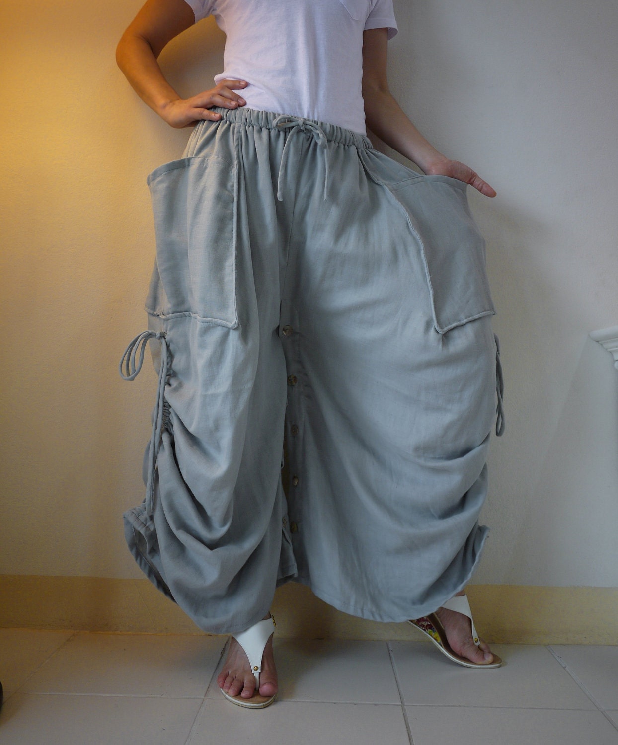 Love Me..Love Me Not II - Steampunk Azo Free Light Blueish Grey Light Double Gauze Cotton Convertible Skirt Or Pants And 2 Roomy Pockets